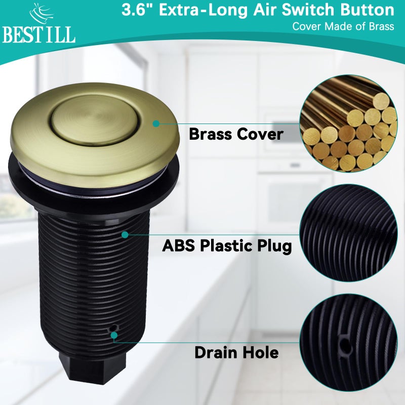 BESTILL Sink Top Garbage Disposal Air Switch Button with 5 Ft Air Hose, Brushed Gold 3.6" Long On/Off Push Button with Brass Cover, Compatible with all Power Modules - Image 3